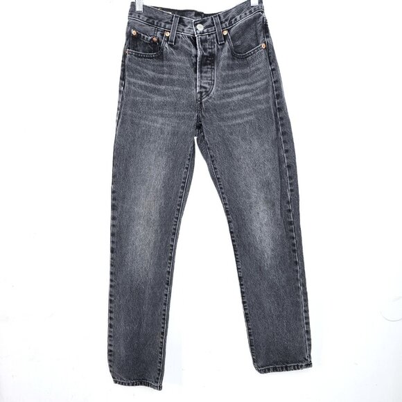 Levi 501 Black Washed Jeans 90s Vintage Button Fly High Waist 26 Length 30 - Picture 1 of 13